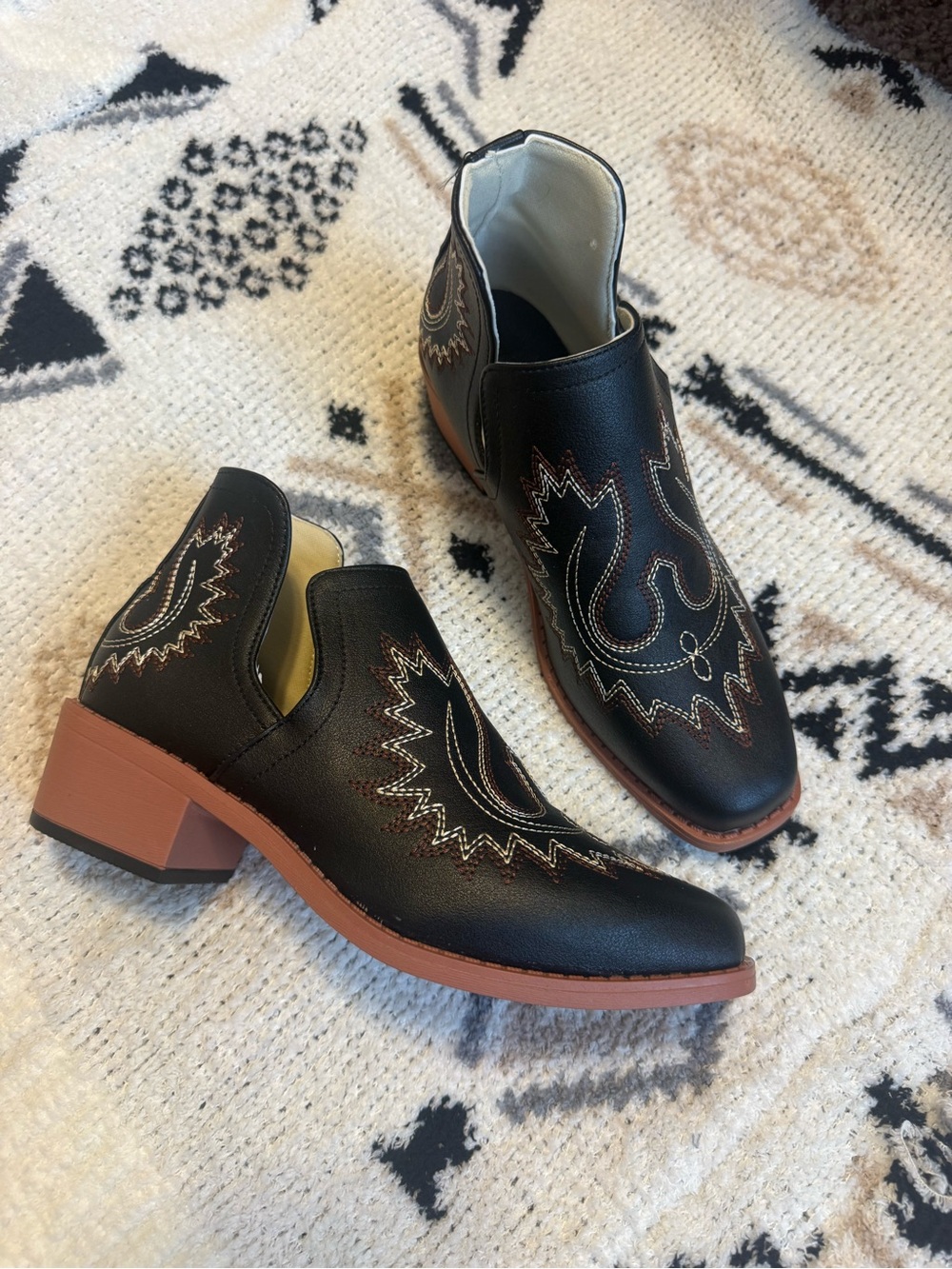 Women's Black Embroidered Cutout Ankle Booties